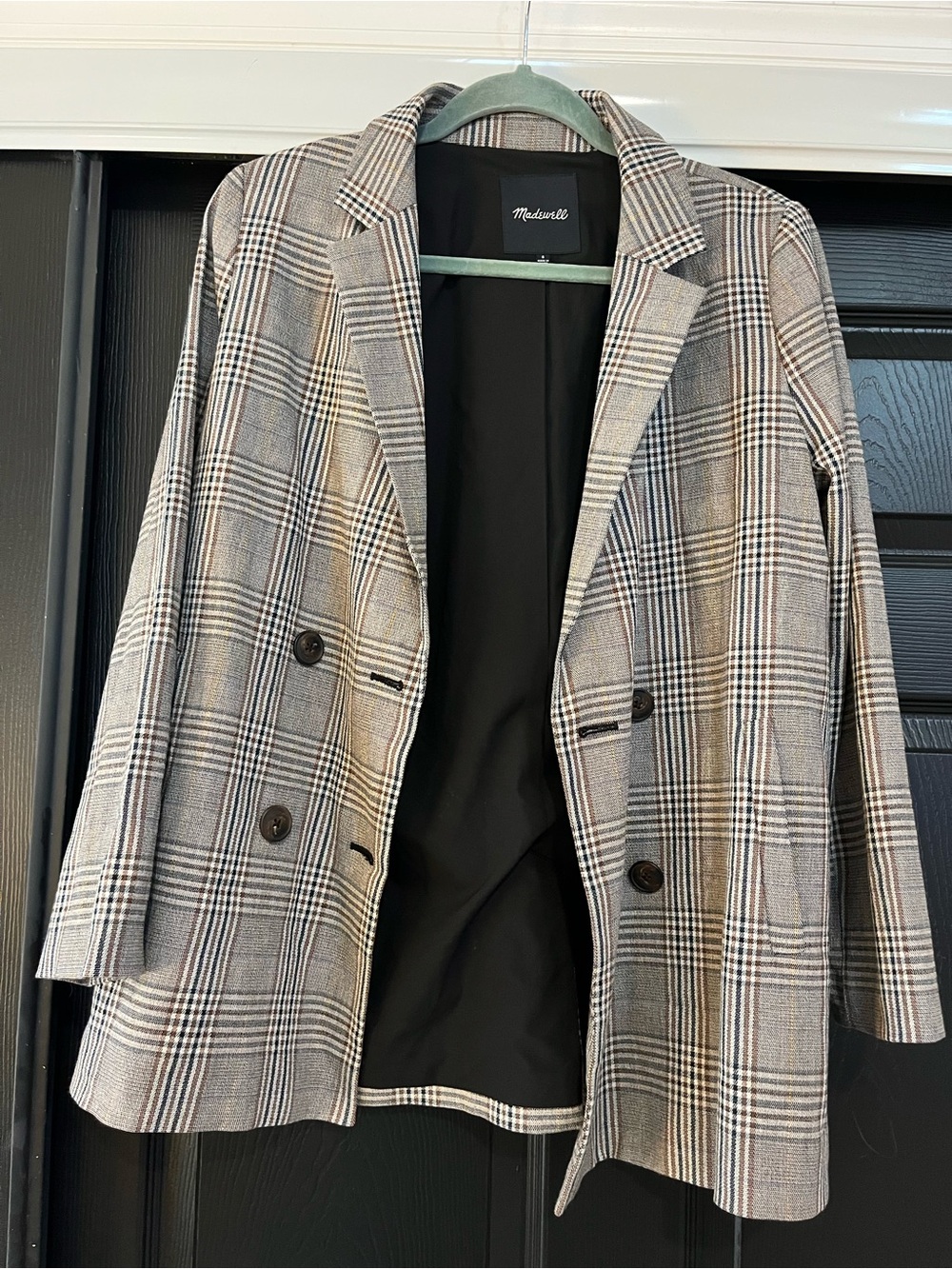 Madewell Brown, Navy and Grey Plaid Double-Breasted Blazer